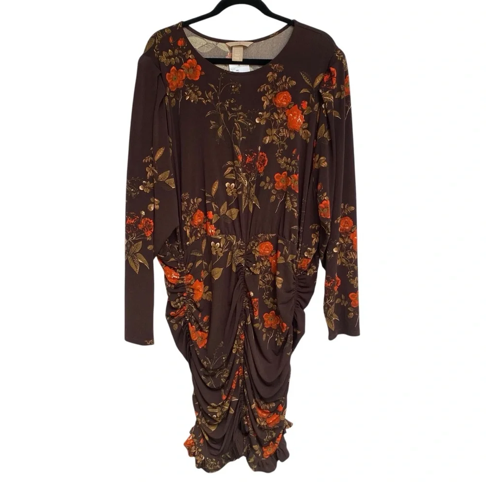 H&M Womens Long Sleeve Brown Red Floral Dress Size 3XL NWT Ruching Bodycon - Picture 2 of 13
